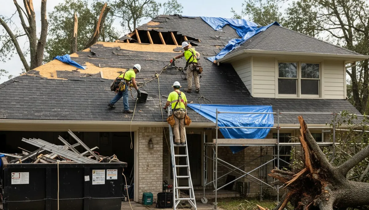 Austin tree service crew removing storm damage and fallen branches for cleanup in Austin, TX